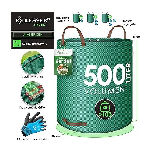  KESSER® Garden Sack 6 x 500 L Set Leaf Bags Garden Waste Bag Including Gloves - Self-Standing 4 Handles Stable Robust & Foldable - Leaf Bags Lawn Cuttings Garden Bags for Garden Waste Green Cuttings