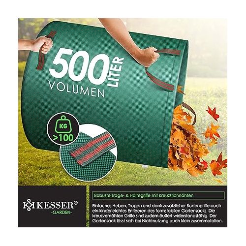  KESSER® Garden Sack 6 x 500 L Set Leaf Bags Garden Waste Bag Including Gloves - Self-Standing 4 Handles Stable Robust & Foldable - Leaf Bags Lawn Cuttings Garden Bags for Garden Waste Green Cuttings