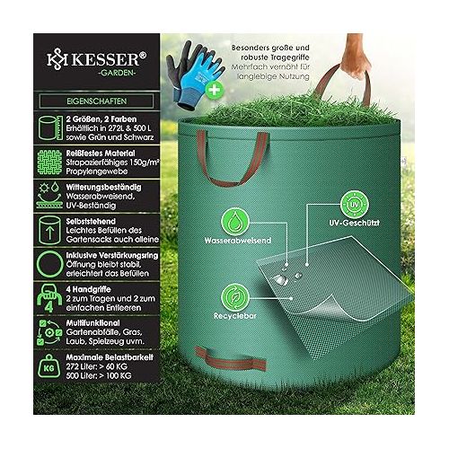  KESSER® Garden Sack 6 x 500 L Set Leaf Bags Garden Waste Bag Including Gloves - Self-Standing 4 Handles Stable Robust & Foldable - Leaf Bags Lawn Cuttings Garden Bags for Garden Waste Green Cuttings