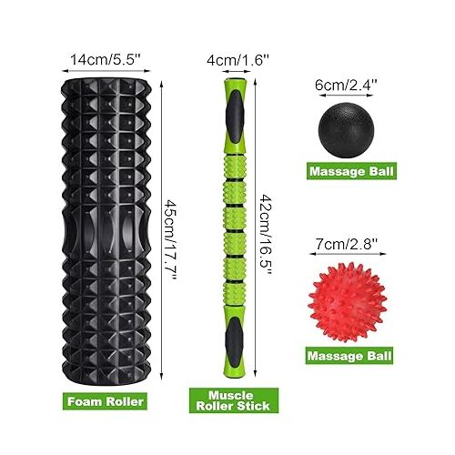  Odoland Fascia Roller Foam Roll Set, 5-in-1, with Roller Stick and Fascia Balls, Foam Roller for Fascia Training of Muscles, black