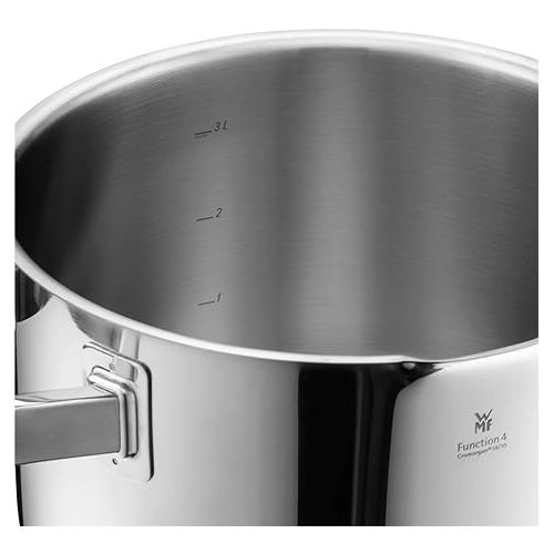  WMF cookware Ø 20 cm approx. 2,5l Function 4 Inside scaling lid - pour off or decant liquids without spilling to keep your dishes and cooker clean. Hollow side handles glass lid Cromargan stainless steel brushed suitable for all stove tops including induction dishwasher-safe