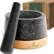 WALDWERK Mortar with Pestle - Mortar on Elegant and Stable Oak Wood Base - Mortar with Extra Long Pestle Made of Natural Granite