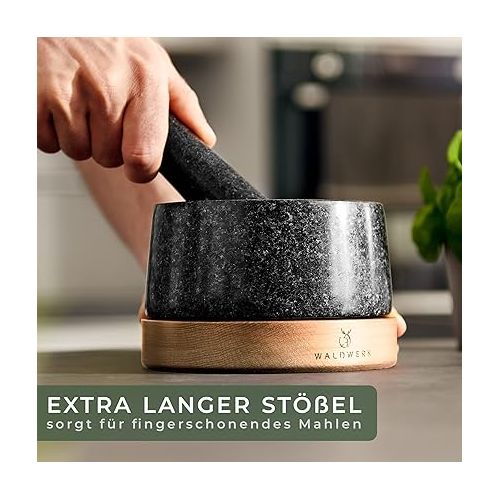  WALDWERK Mortar with Pestle - Mortar on Elegant and Stable Oak Wood Base - Mortar with Extra Long Pestle Made of Natural Granite