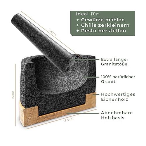  WALDWERK Mortar with Pestle - Mortar on Elegant and Stable Oak Wood Base - Mortar with Extra Long Pestle Made of Natural Granite