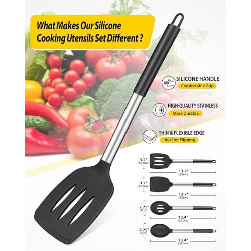  4 Pieces Silicone Cooking Utensils Set, Non-Stick Large Solid Spatulas, Heat Resistant, Black Slotted Spoons, Ideal BPA Free Kitchen Turner for Frying, Mixing, Serving, Draining