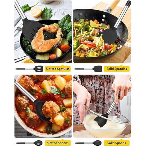  4 Pieces Silicone Cooking Utensils Set, Non-Stick Large Solid Spatulas, Heat Resistant, Black Slotted Spoons, Ideal BPA Free Kitchen Turner for Frying, Mixing, Serving, Draining