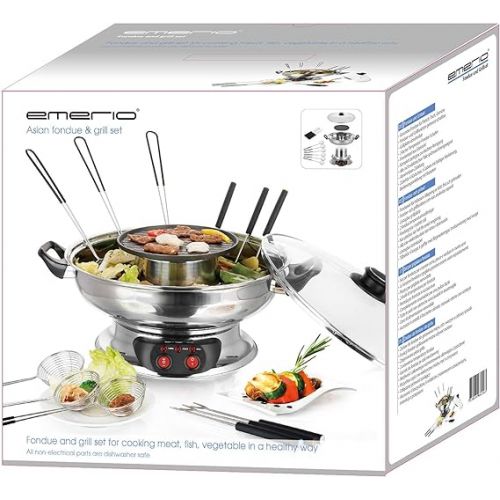  Emerio HPS-121313 Asia Broth Fondue for Fish and Vegetables, Includes Grill Plate and Glass Lid, 4L Capacity, 2 Heat Settings Electric Hot Pot Set, Stainless Steel