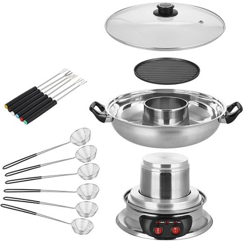  Emerio HPS-121313 Asia Broth Fondue for Fish and Vegetables, Includes Grill Plate and Glass Lid, 4L Capacity, 2 Heat Settings Electric Hot Pot Set, Stainless Steel