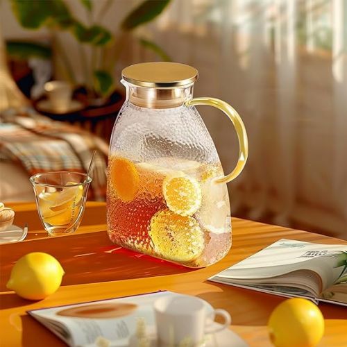  CNNIK Water Carafe Glass Carafe with Lid 1.8 Litre Water Bottle Glass Water Carafe with Lid Water Jug Glass Jug with Handle for Hot Cold Water Drinks Iced Tea Milk Coffee Wine