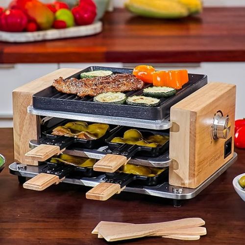  COKLAI Raclette Grill for 4 People with Non-Stick Striped Grill Plate, Mini Grill Raclette Device, Adjustable Temperature, 4 Pans & Wooden Spatula, Natural Wood Raclette 4 People, 550 W