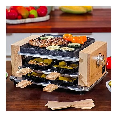  COKLAI Raclette Grill for 4 People with Non-Stick Striped Grill Plate, Mini Grill Raclette Device, Adjustable Temperature, 4 Pans & Wooden Spatula, Natural Wood Raclette 4 People, 550 W