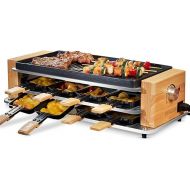 COKLAI Raclette Grill for 8 People with 2-in-1 Non-Stick Coating Grill Plate, Party Grill for 8 People, Continuously Adjustable Temperature, 8 Pans & Wooden Spatula, Natural Wood Raclette for 8 People