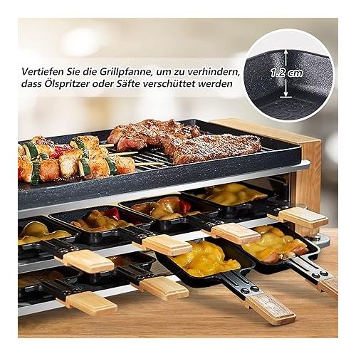  COKLAI Raclette Grill for 8 People with 2-in-1 Non-Stick Coating Grill Plate, Party Grill for 8 People, Continuously Adjustable Temperature, 8 Pans & Wooden Spatula, Natural Wood Raclette for 8 People