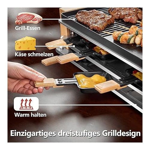  COKLAI Raclette Grill for 8 People with 2-in-1 Non-Stick Coating Grill Plate, Party Grill for 8 People, Continuously Adjustable Temperature, 8 Pans & Wooden Spatula, Natural Wood Raclette for 8 People