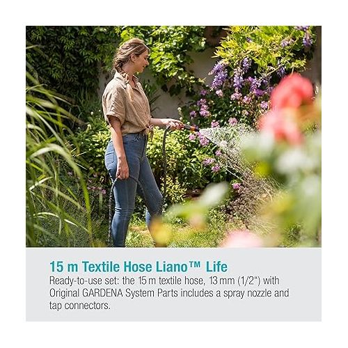  Gardena Liano Life 18445-20 Textile Hose 1/2 Inch, 15 m Set: Highly Flexible Garden Hose Made of Textile Fabric, with PVC Inner Hose, No Bending, Lightweight, Weather-Resistant