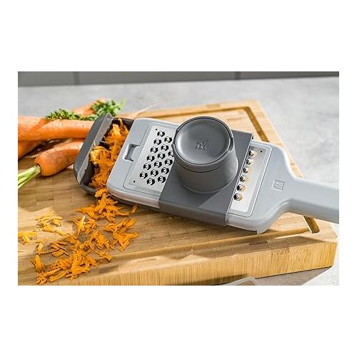  ZWILLING Z-Cut Multi-function Grater, Stainless Steel, 4 Interchangeable Blade Inserts, Two-Way Grating Technology, Integrated Crumb Tray, Grey