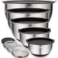 Wildone Stainless Steel Mixing Bowl Set with Airtight Lids, 3 Grater Attachments, Measuring Marks and Non-Slip Bases, Size 5, 3, 2, 1.5, 0.63 QT, Ideal for Mixing and Serving