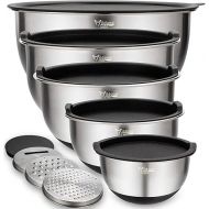 Wildone Stainless Steel Mixing Bowl Set with Airtight Lids, 3 Grater Attachments, Measuring Marks and Non-Slip Bases, Size 5, 3, 2, 1.5, 0.63 QT, Ideal for Mixing and Serving