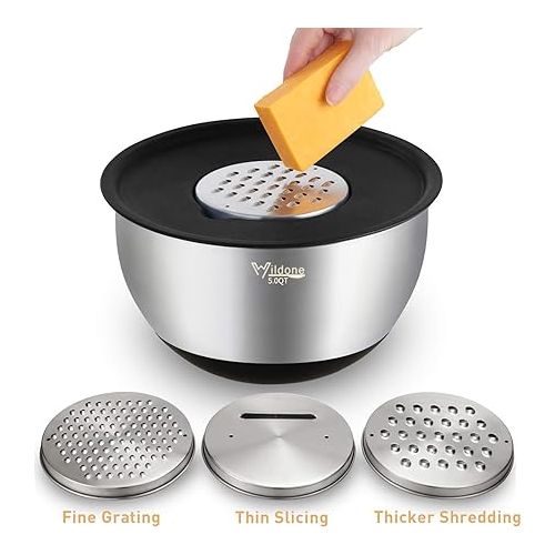  Wildone Stainless Steel Mixing Bowl Set with Airtight Lids, 3 Grater Attachments, Measuring Marks and Non-Slip Bases, Size 5, 3, 2, 1.5, 0.63 QT, Ideal for Mixing and Serving