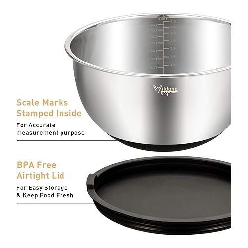  Wildone Stainless Steel Mixing Bowl Set with Airtight Lids, 3 Grater Attachments, Measuring Marks and Non-Slip Bases, Size 5, 3, 2, 1.5, 0.63 QT, Ideal for Mixing and Serving