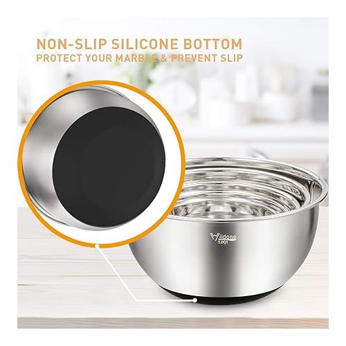  Wildone Stainless Steel Mixing Bowl Set with Airtight Lids, 3 Grater Attachments, Measuring Marks and Non-Slip Bases, Size 5, 3, 2, 1.5, 0.63 QT, Ideal for Mixing and Serving
