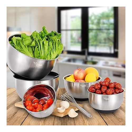  Wildone Stainless Steel Mixing Bowl Set with Airtight Lids, 3 Grater Attachments, Measuring Marks and Non-Slip Bases, Size 5, 3, 2, 1.5, 0.63 QT, Ideal for Mixing and Serving