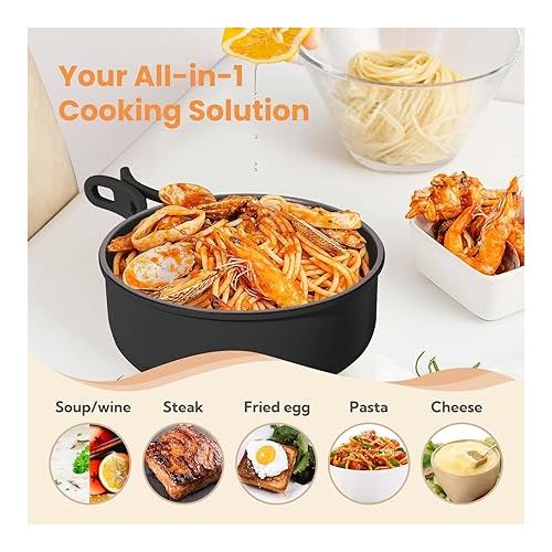  ENFRIFAM Electric Hot Pot Pot, Portable Cooking Pot Set with Pots and Frying Pan with Folding Handle for Motorhome, Dorm, Office, Outdoor, Camping, 1.8 L Stockpot + 0.75 L Frying Pan