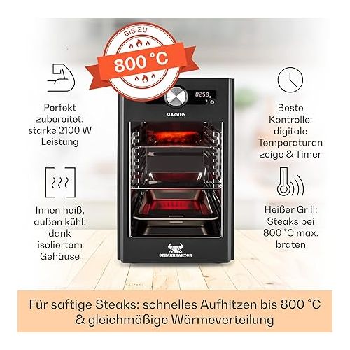  Klarstein Steakreaktor Core - Hochtemperaturgrill, 2100 W, Temperaturbereich: 200-800 °C, Indoor Grillgerat, Strahlungs-Heizelement, schwarz