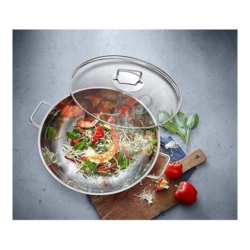  WMF Macao Induction Wok 2-Piece Wok Pan 36 cm with Glass Lid Wok for Induction Cookers Polished Cromargan Stainless Steel Uncoated