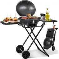 KESSER® Electric Electric Grill 2-in-1 Table Grill - Stand Grill with Lid and Stand | Max. 2400 Watt | Foldable | Thermometer | Non-Stick Coating | Grill Plate Storage Tables | 2 Wheels | Black