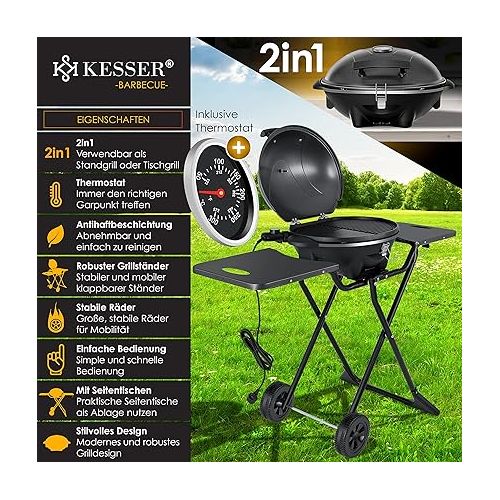  KESSER® Electric Electric Grill 2-in-1 Table Grill - Stand Grill with Lid and Stand | Max. 2400 Watt | Foldable | Thermometer | Non-Stick Coating | Grill Plate Storage Tables | 2 Wheels | Black