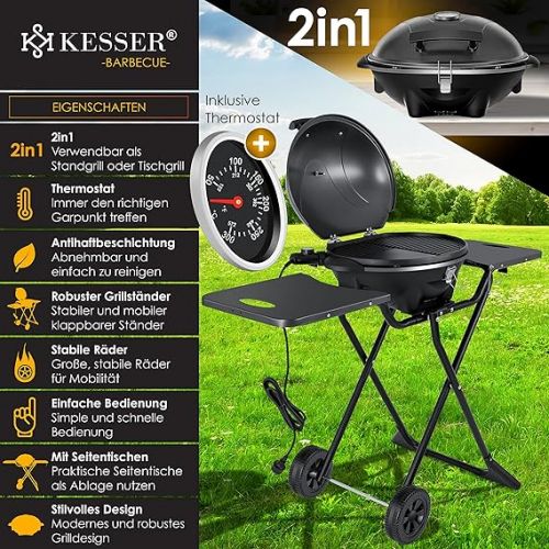  KESSER® Electric Electric Grill 2-in-1 Table Grill - Stand Grill with Lid and Stand | Max. 2400 Watt | Foldable | Thermometer | Non-Stick Coating | Grill Plate Storage Tables | 2 Wheels | Black
