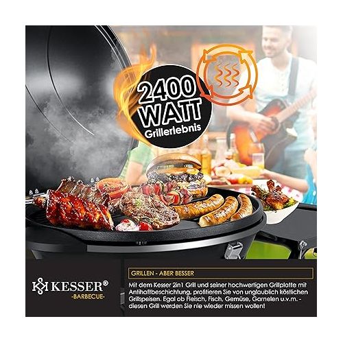  KESSER® Electric Electric Grill 2-in-1 Table Grill - Stand Grill with Lid and Stand | Max. 2400 Watt | Foldable | Thermometer | Non-Stick Coating | Grill Plate Storage Tables | 2 Wheels | Black