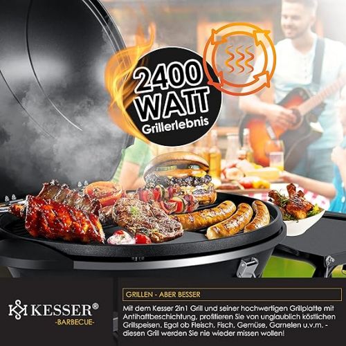  KESSER® Electric Electric Grill 2-in-1 Table Grill - Stand Grill with Lid and Stand | Max. 2400 Watt | Foldable | Thermometer | Non-Stick Coating | Grill Plate Storage Tables | 2 Wheels | Black