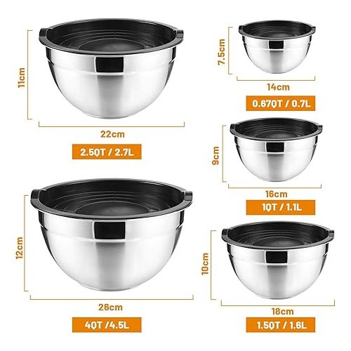  Mkitnvy Salad Bowl Set of 5, Stainless Steel Bowl with Airtight Lid, Size 4.5L/2.7L/1.5L/1.2L/0.7L, with Lid for Kitchen, Stackable, Versatile, Dishwasher Safe