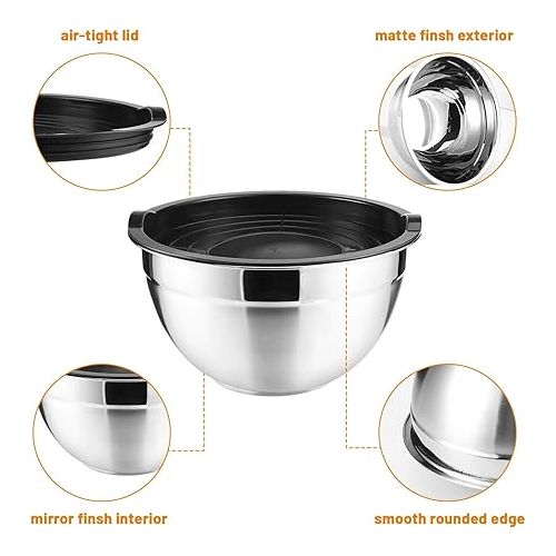  Mkitnvy Salad Bowl Set of 5, Stainless Steel Bowl with Airtight Lid, Size 4.5L/2.7L/1.5L/1.2L/0.7L, with Lid for Kitchen, Stackable, Versatile, Dishwasher Safe