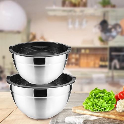  Mkitnvy Salad Bowl Set of 5, Stainless Steel Bowl with Airtight Lid, Size 4.5L/2.7L/1.5L/1.2L/0.7L, with Lid for Kitchen, Stackable, Versatile, Dishwasher Safe