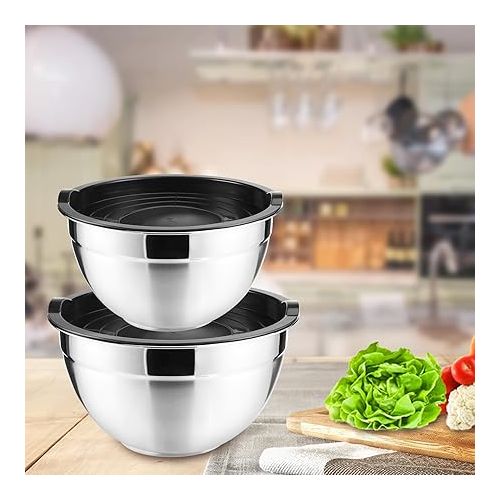  Mkitnvy Salad Bowl Set of 5, Stainless Steel Bowl with Airtight Lid, Size 4.5L/2.7L/1.5L/1.2L/0.7L, with Lid for Kitchen, Stackable, Versatile, Dishwasher Safe