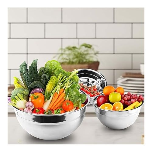  Mkitnvy Salad Bowl Set of 5, Stainless Steel Bowl with Airtight Lid, Size 4.5L/2.7L/1.5L/1.2L/0.7L, with Lid for Kitchen, Stackable, Versatile, Dishwasher Safe