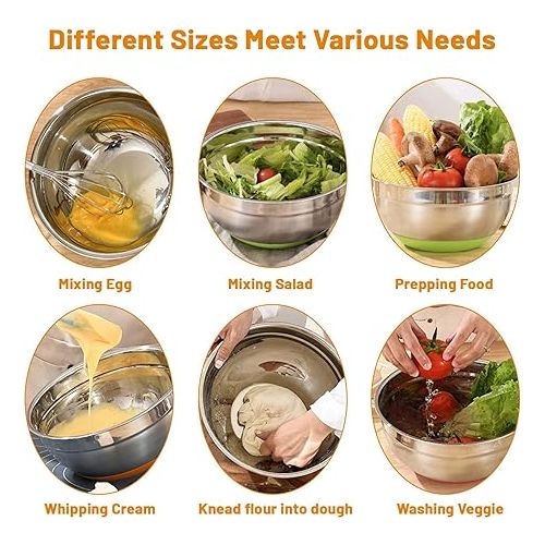  Mkitnvy Salad Bowl Set of 5, Stainless Steel Bowl with Airtight Lid, Size 4.5L/2.7L/1.5L/1.2L/0.7L, with Lid for Kitchen, Stackable, Versatile, Dishwasher Safe