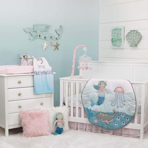  NoJo Sugar Reef Mermaid 4 Piece Nursery Crib Bedding Set Nursery Organizer, Aqua/Teal/Pink