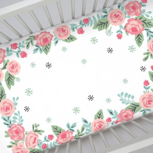  NoJo Aztec Mix & Match 100% Cotton Roses Photo Op Crib Sheet, Pink, Green, Aqua, White