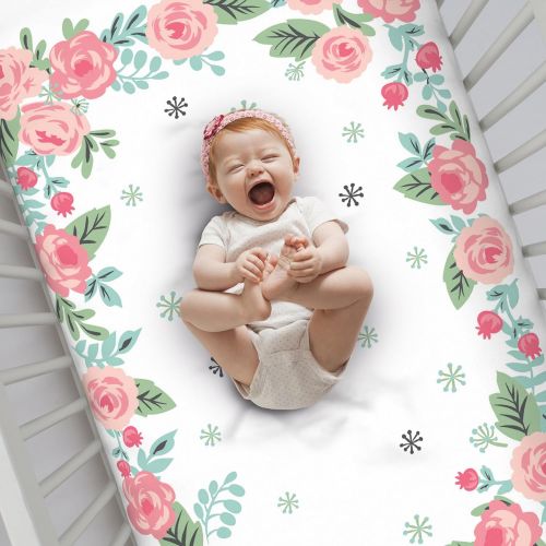  NoJo Aztec Mix & Match 100% Cotton Roses Photo Op Crib Sheet, Pink, Green, Aqua, White