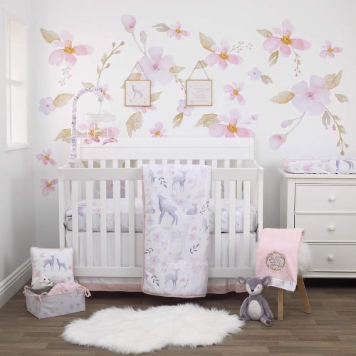 NoJo Watercolor Deer Nursery Crib Musical Mobile with Dimensional Felt Flowers, Pink/Taupe/Dusty Rose/Cream/Green