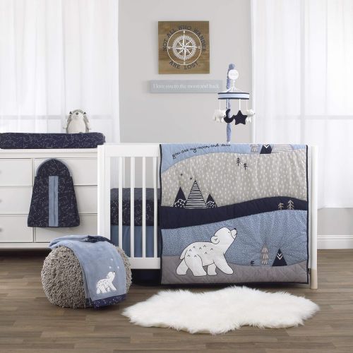  NoJo Aztec Forest 4 Piece Nursery Crib Bedding Set - Appliqued Comforter, 100% Cotton Crib Sheet, Dust Ruffle, and Nursery Organizer, Navy, Tan, Ivory, Mint