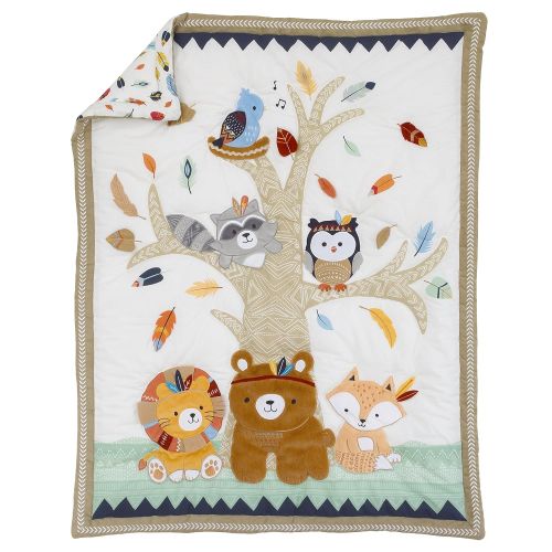  NoJo Aztec Forest 4 Piece Nursery Crib Bedding Set - Appliqued Comforter, 100% Cotton Crib Sheet, Dust Ruffle, and Nursery Organizer, Navy, Tan, Ivory, Mint