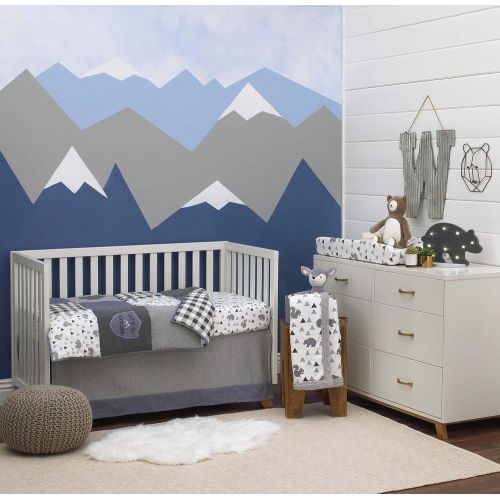  NoJo Aztec Forest 4 Piece Nursery Crib Bedding Set - Appliqued Comforter, 100% Cotton Crib Sheet, Dust Ruffle, and Nursery Organizer, Navy, Tan, Ivory, Mint