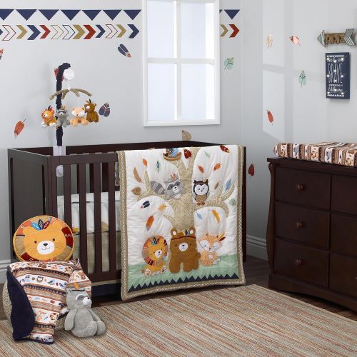  NoJo Aztec Forest 4 Piece Nursery Crib Bedding Set - Appliqued Comforter, 100% Cotton Crib Sheet, Dust Ruffle, and Nursery Organizer, Navy, Tan, Ivory, Mint