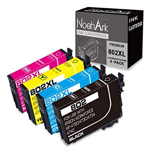  NoahArk 4 Packs 802XL Remanufactured Ink Cartridge Replacement for Epson 802 802XL T802 T802XL Workforce Pro WF-4720 WF-4730 WF-4740 WF-4734 EC-4020 EC-4030 EC-4040(Black Cyan Mage