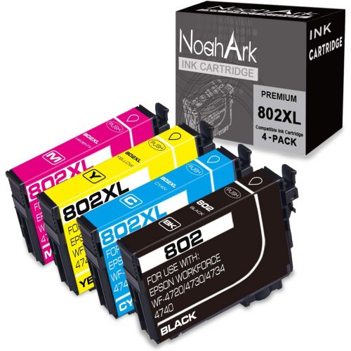  NoahArk 4 Packs 802XL Remanufactured Ink Cartridge Replacement for Epson 802 802XL T802 T802XL Workforce Pro WF-4720 WF-4730 WF-4740 WF-4734 EC-4020 EC-4030 EC-4040(Black Cyan Mage